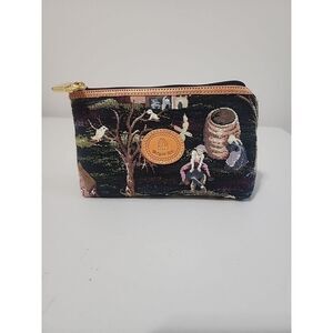 Vtg Tapestry Makeup Bag Zippered Pouch Village People Animals Scene Belgian Art‎